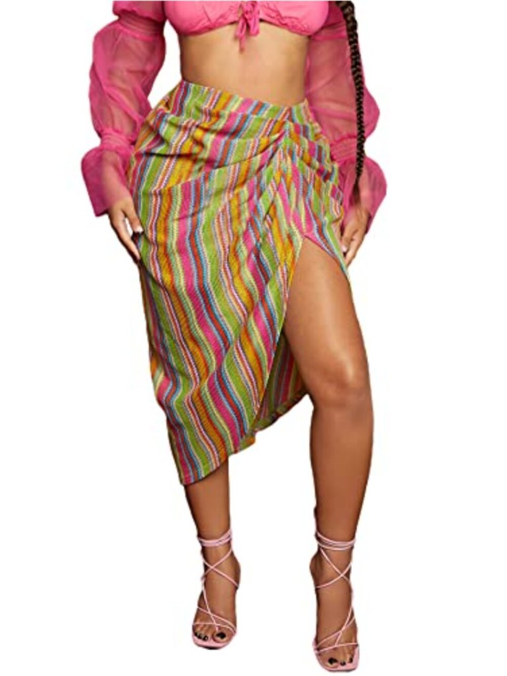 Satin High Waist Ruched Split Front Bodycon Midi Skirt